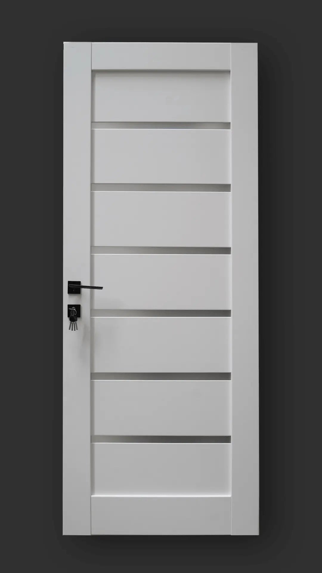 Ușă interior Mira alba cu sticla mata-model modern cu toc reglabil, complet echipată