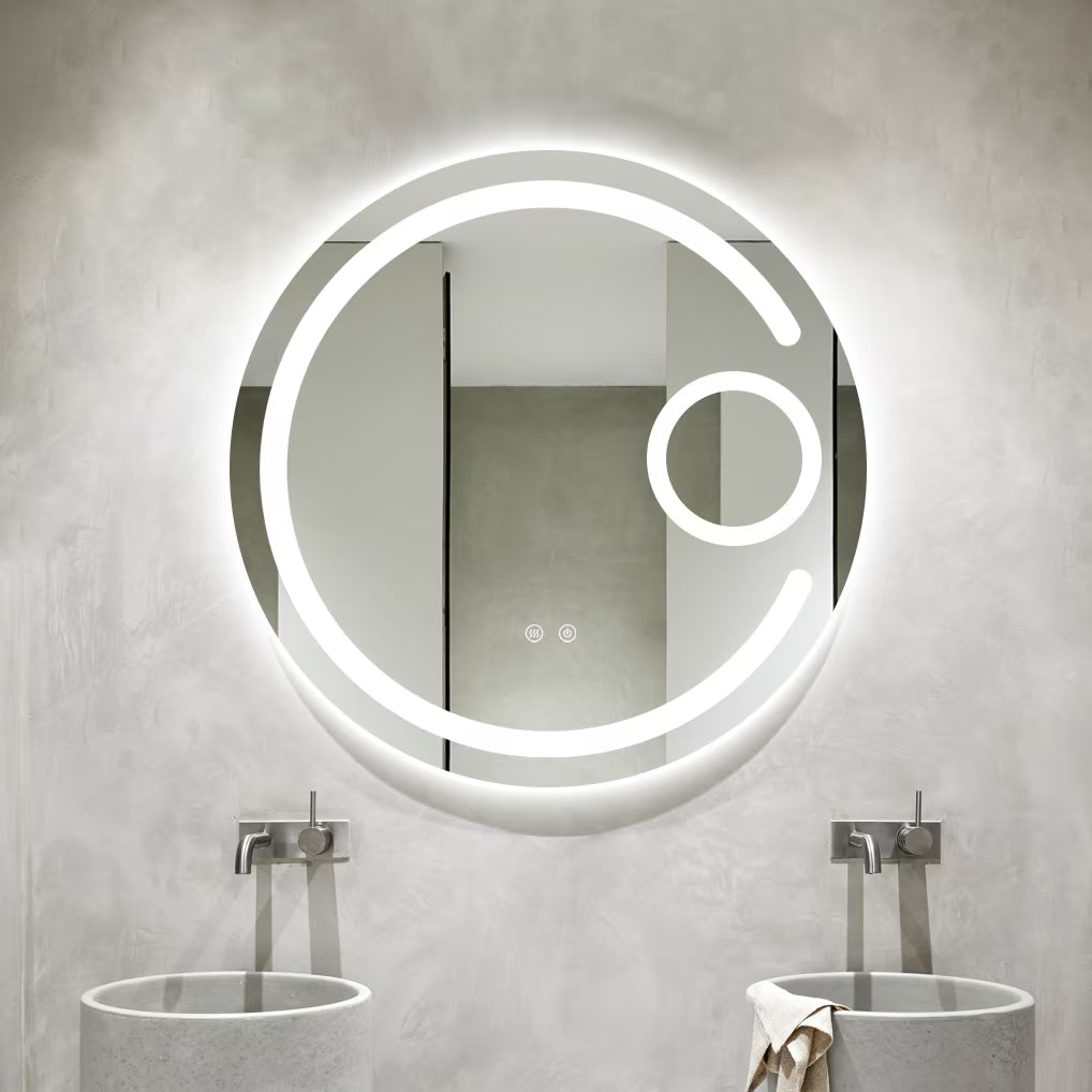 Oglindă baie LED H13 rotundă cu 3 lumini, anti-aburire, touch control și lupă