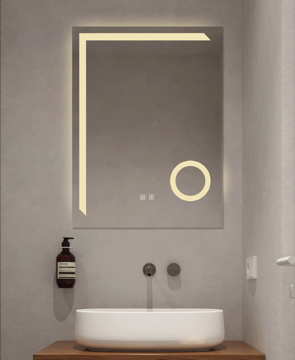 Oglindă LED Baie H-1041B cu Lupă Cosmetică, 3 Nuanțe Lumină, Anti-Aburire și Touch Control