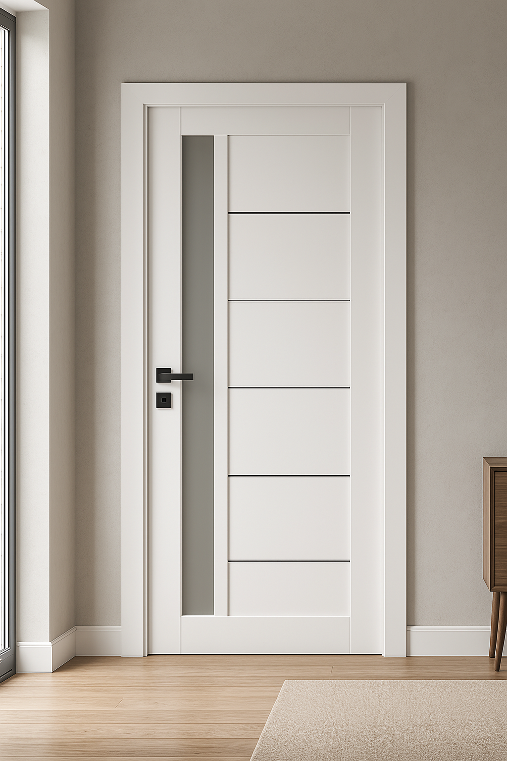 Ușă de interior albă JY-AS-016 cu toc reglabil și sticlă satinată – modernă, luminoasă, complet echipată