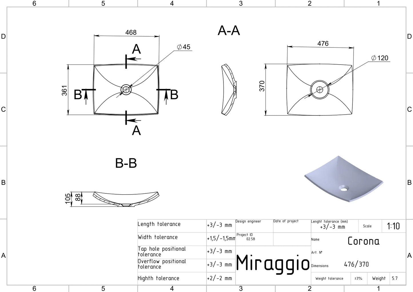 Lavoar pe blat Corona, alb lucios Miraggio