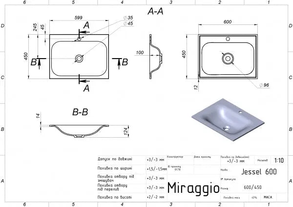 Lavoar pe blat Jessel 600, Miraggio