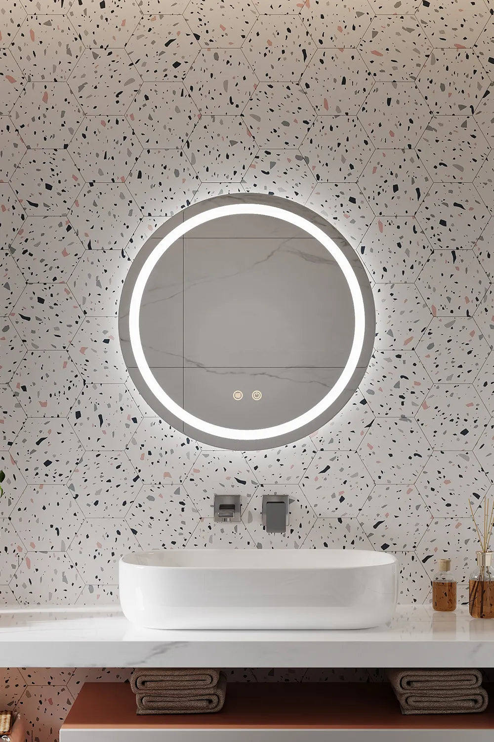Oglindă baie LED H105 rotundă cu 3 lumini, anti-aburire și touch control