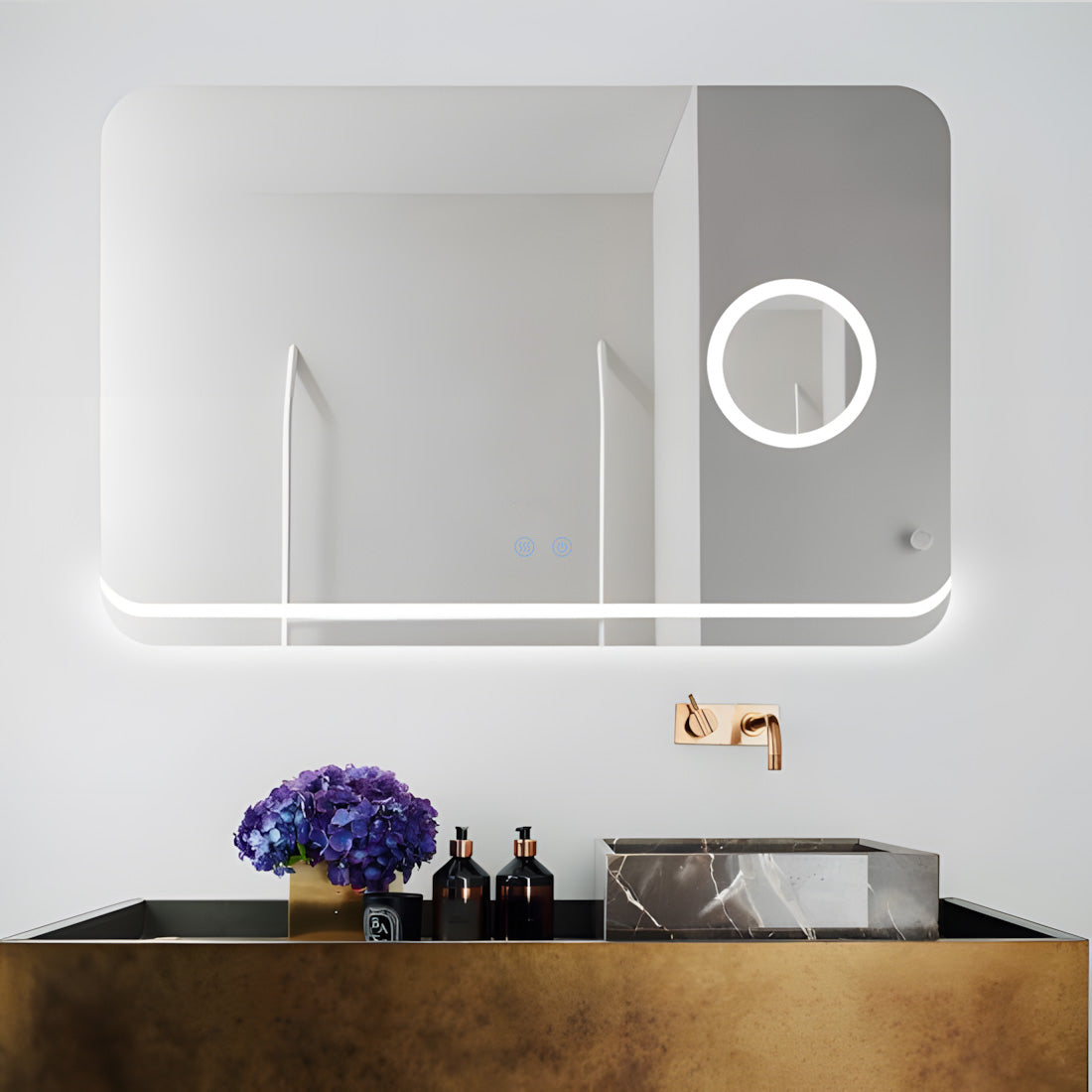Oglindă Baie LED H-1083 Dreptunghiulară cu Lupă Cosmetică, 3 Funcții de Lumină, Anti-Aburire și Comutator Tactil