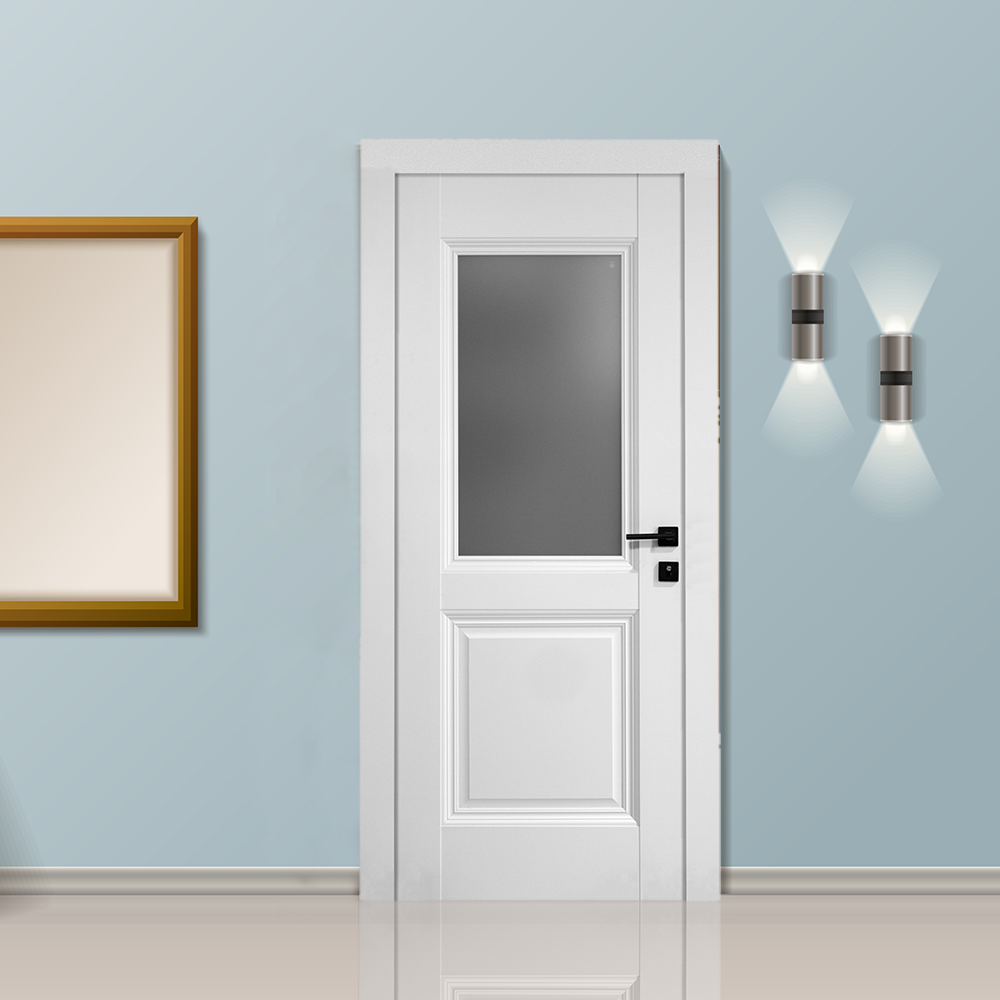 Ușă de interior albă JYA-067 cu sticlă satinată și toc reglabil – design modern, complet echipată, livrare rapidă