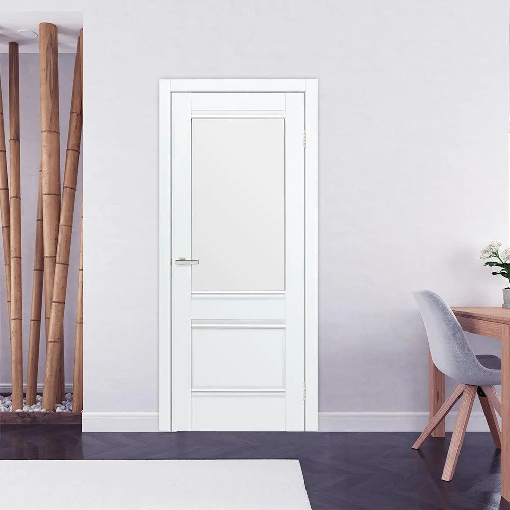 Ușă interior Valencia G White Silk Mat – cu sticlă mată decorativă și toc reglabil, complet echipată