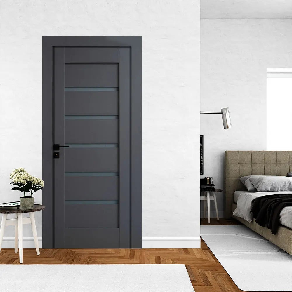 Ușă interior antracit JYA-006 cu toc reglabil – design vertical modern, complet echipată