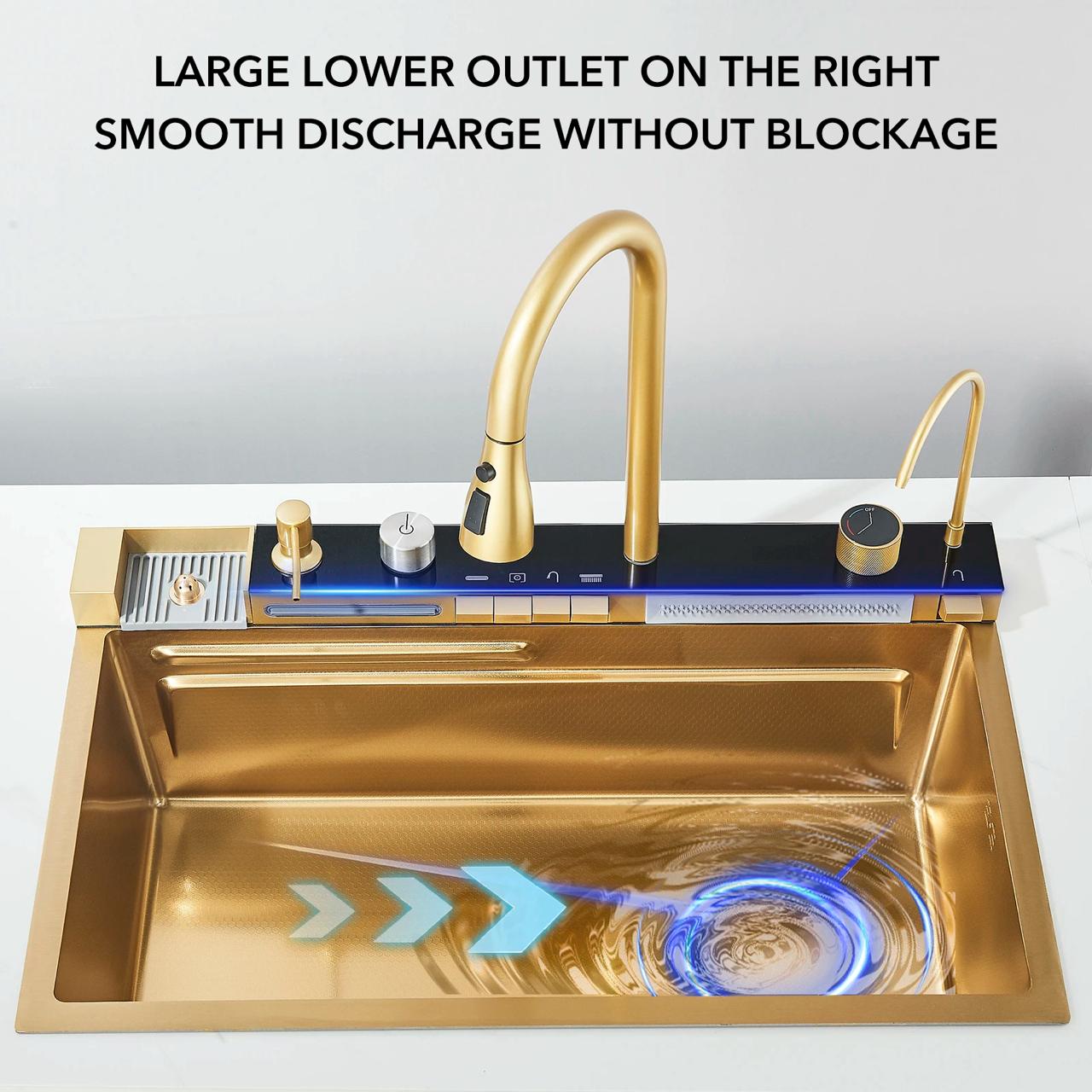 Chiuvetă multifuncțională cu accesorii, HMDF-G 7546 cu baterie digitală, Golden Tap hole