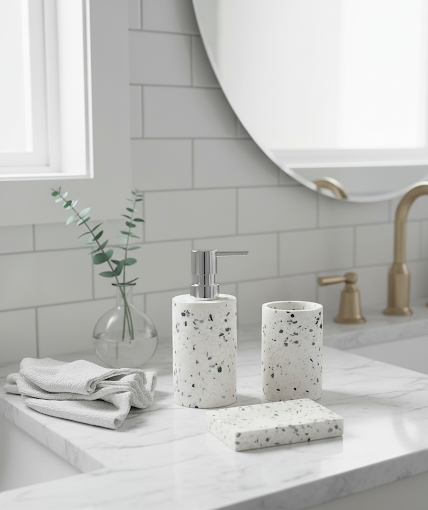 Set 3 piese accesorii de baie terrazzo alb cu gri