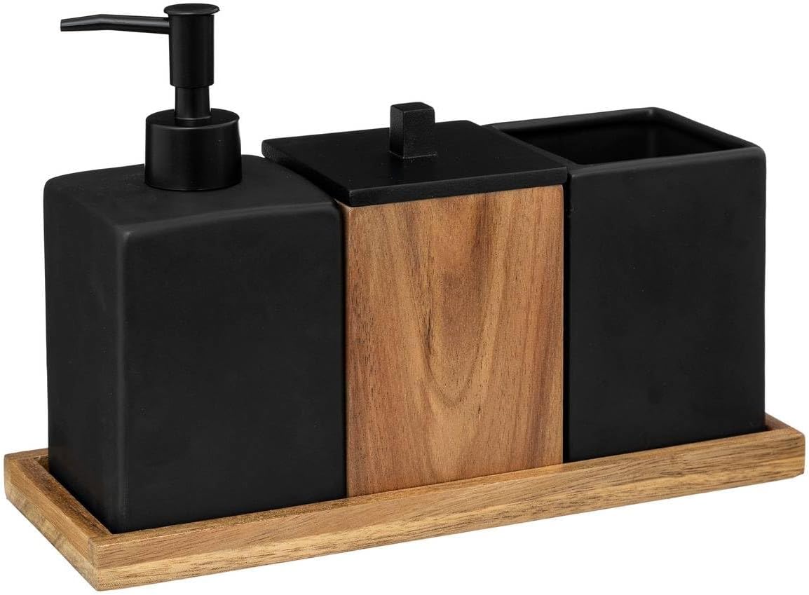Set accesorii baie negru ceramică și lemn