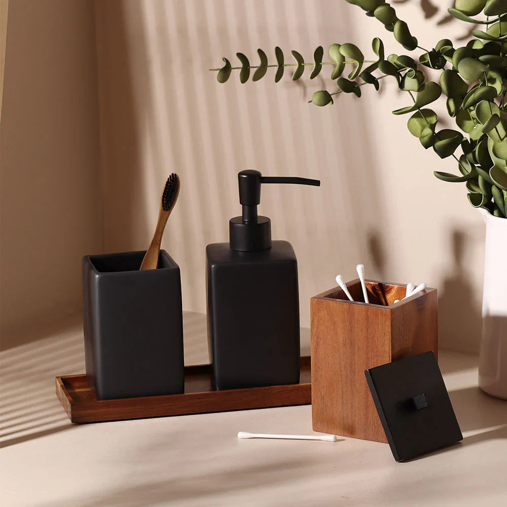 Set accesorii baie negru ceramică și lemn