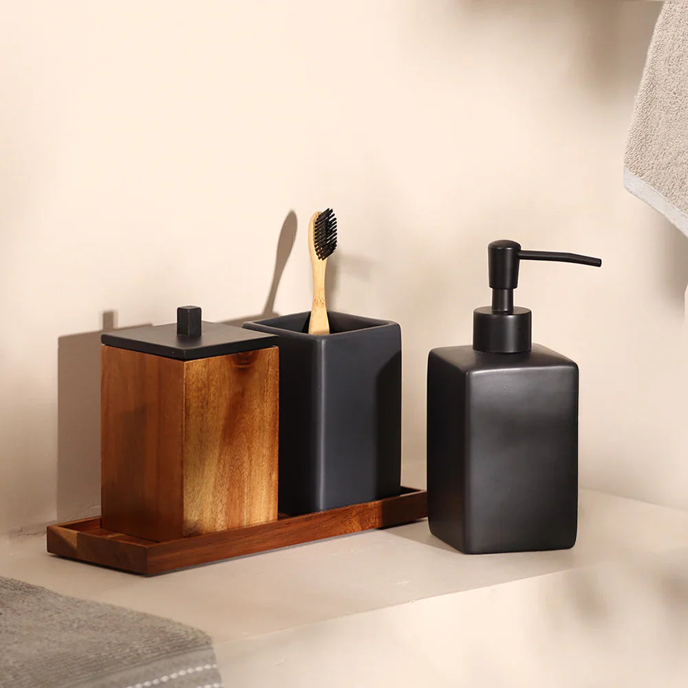 Set accesorii baie negru ceramică și lemn