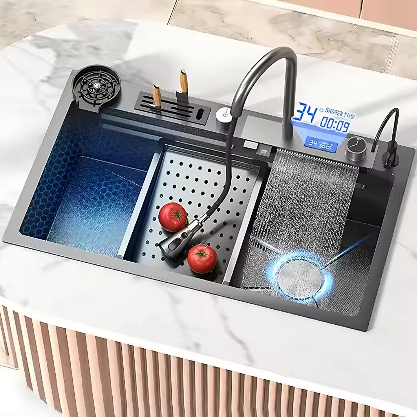 Chiuvetă Bucătărie Multifuncțională 7546HMSF – Gri Gun Metal, Cu Tocător, Dozator și Afișaj Digital