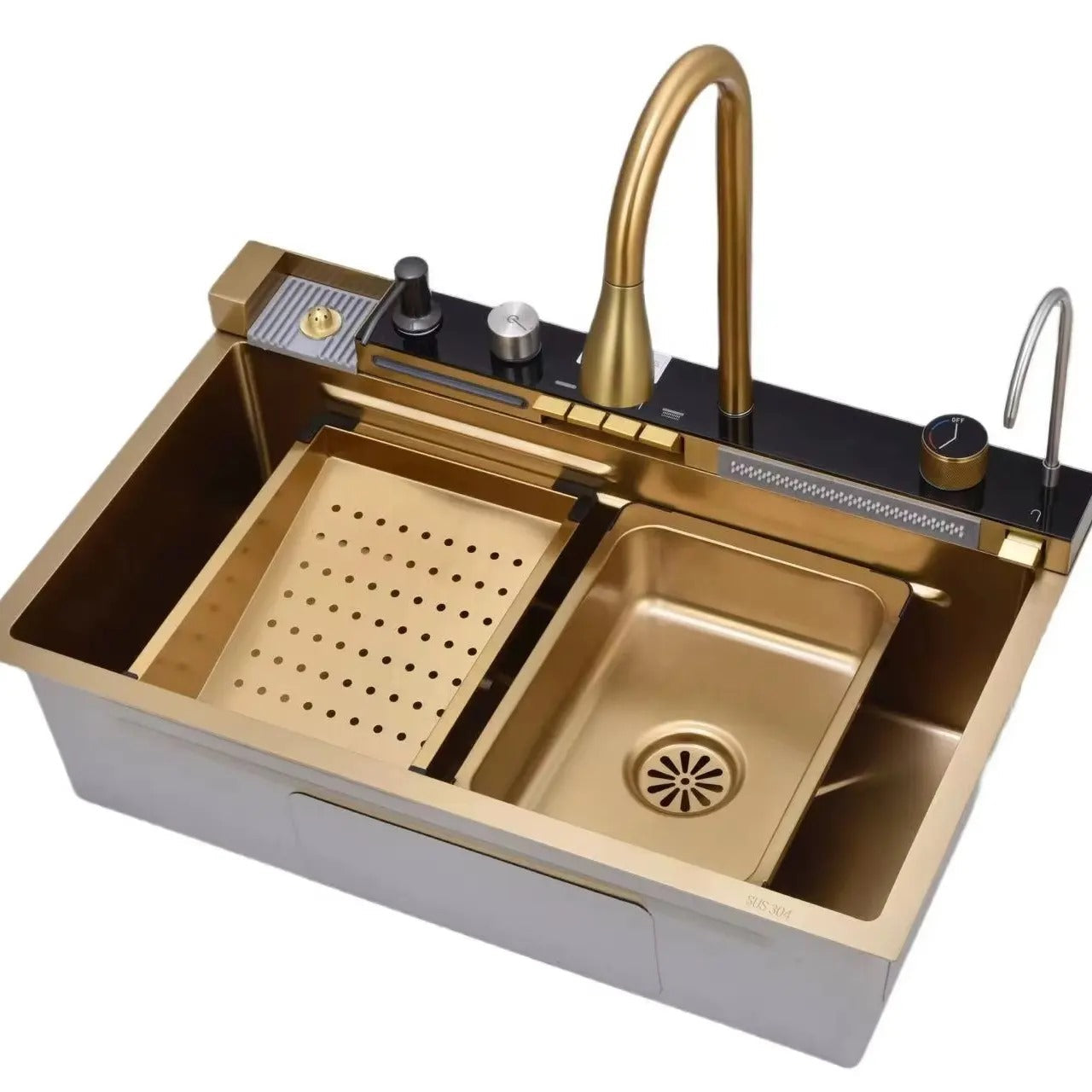 Chiuvetă multifuncțională cu accesorii, HMDF-G 7546 cu baterie digitală, Golden Tap hole
