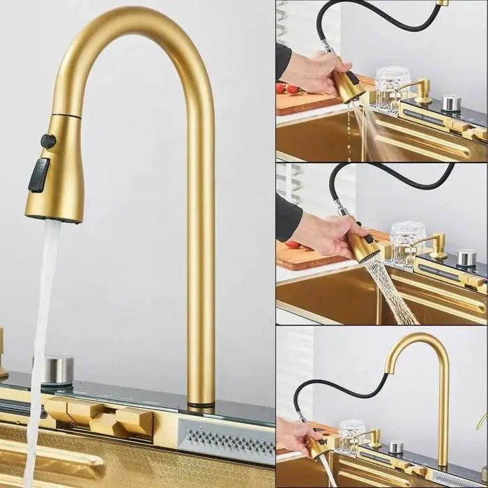 Chiuvetă multifuncțională cu accesorii, HMDF-G 7546 cu baterie digitală, Golden Tap hole
