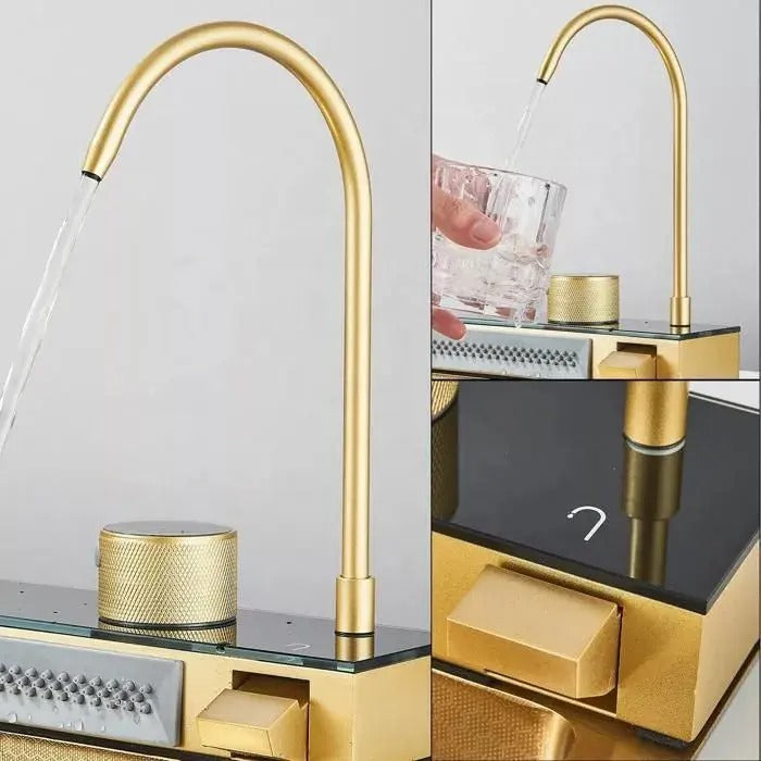 Chiuvetă multifuncțională cu accesorii, HMDF-G 7546 cu baterie digitală, Golden Tap hole