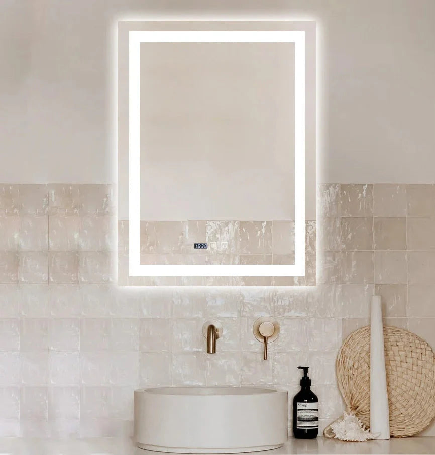 Oglinda LED Dreptunghiulara cu Ceas 90x60cm ,Trei Lumini J109