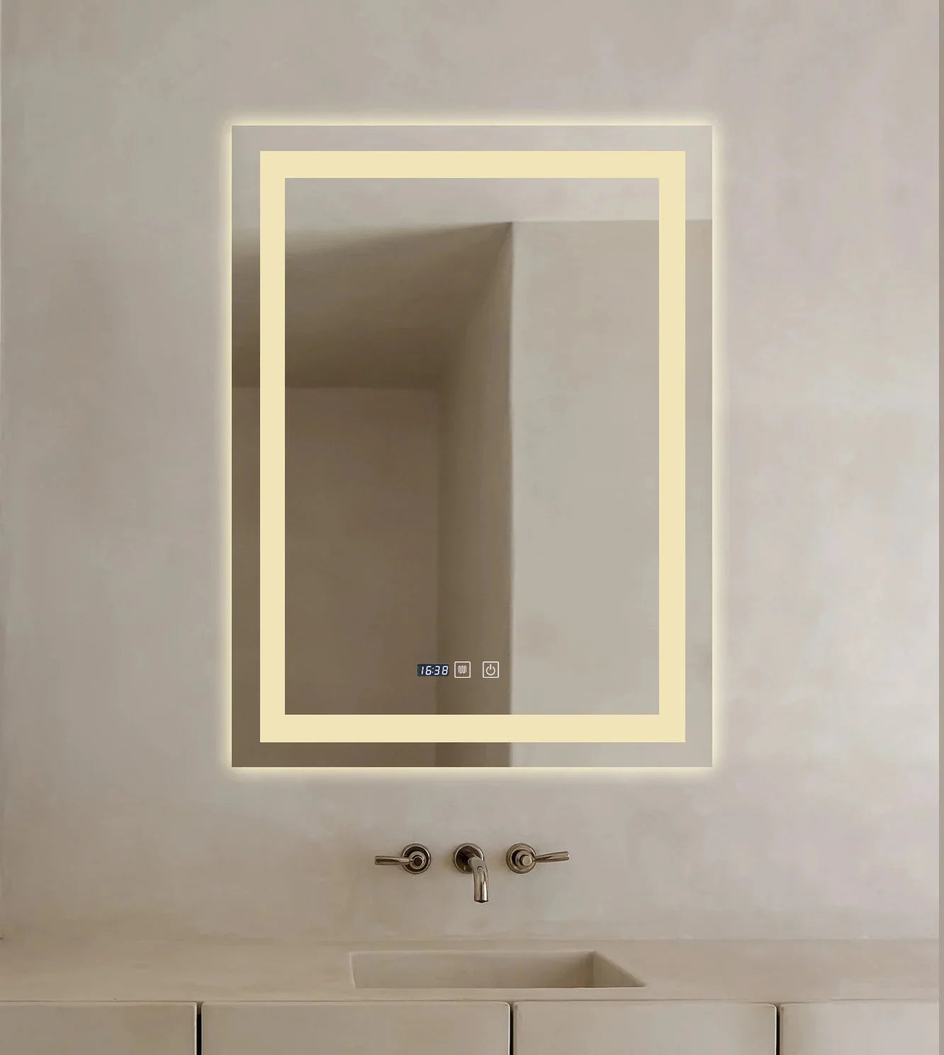 Oglinda LED Dreptunghiulara cu Ceas 90x60cm ,Trei Lumini J109