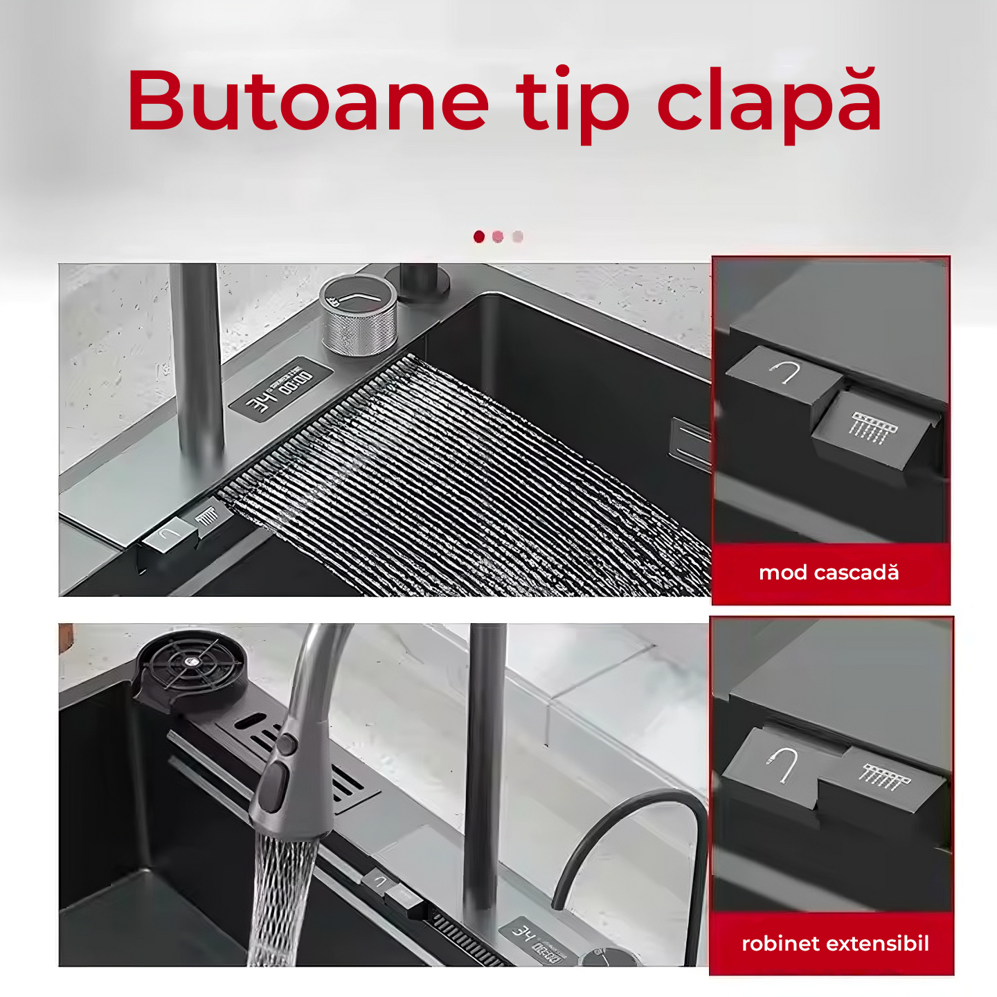 Chiuvetă Bucătărie Multifuncțională 7546HMSF – Gri Gun Metal, Cu Tocător, Dozator și Afișaj Digital