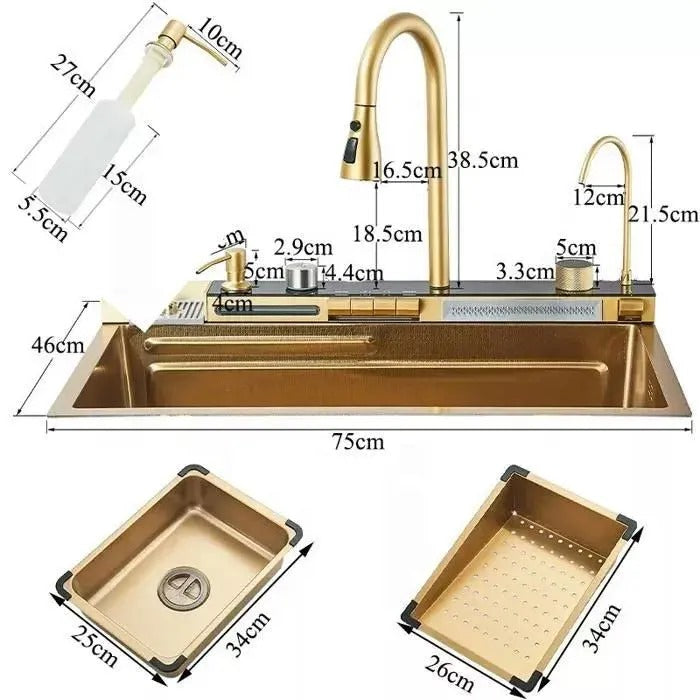 Chiuvetă multifuncțională cu accesorii, HMDF-G 7546 cu baterie digitală, Golden Tap hole