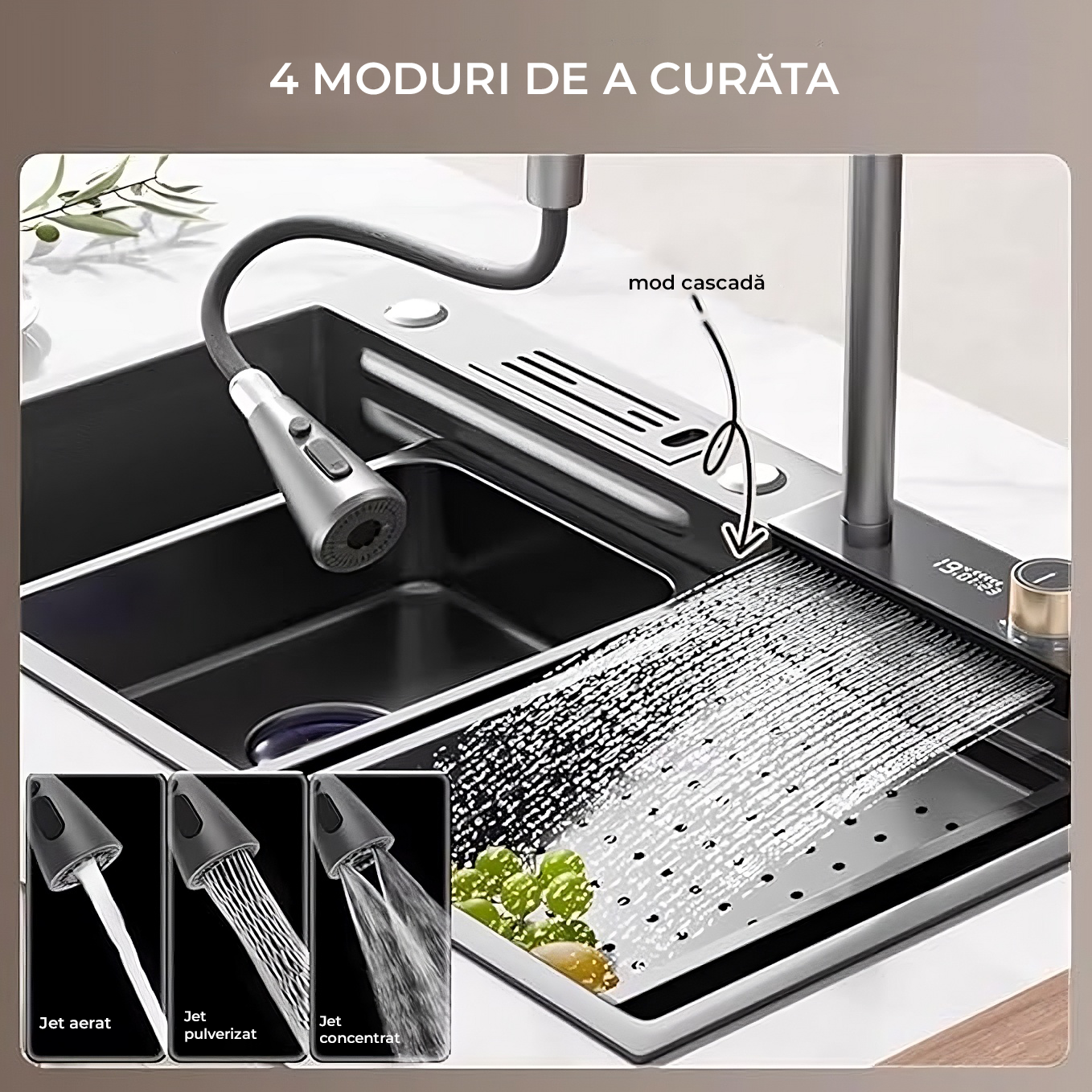 Chiuvetă Bucătărie Multifuncțională 7546HMSF – Gri Gun Metal, Cu Tocător, Dozator și Afișaj Digital