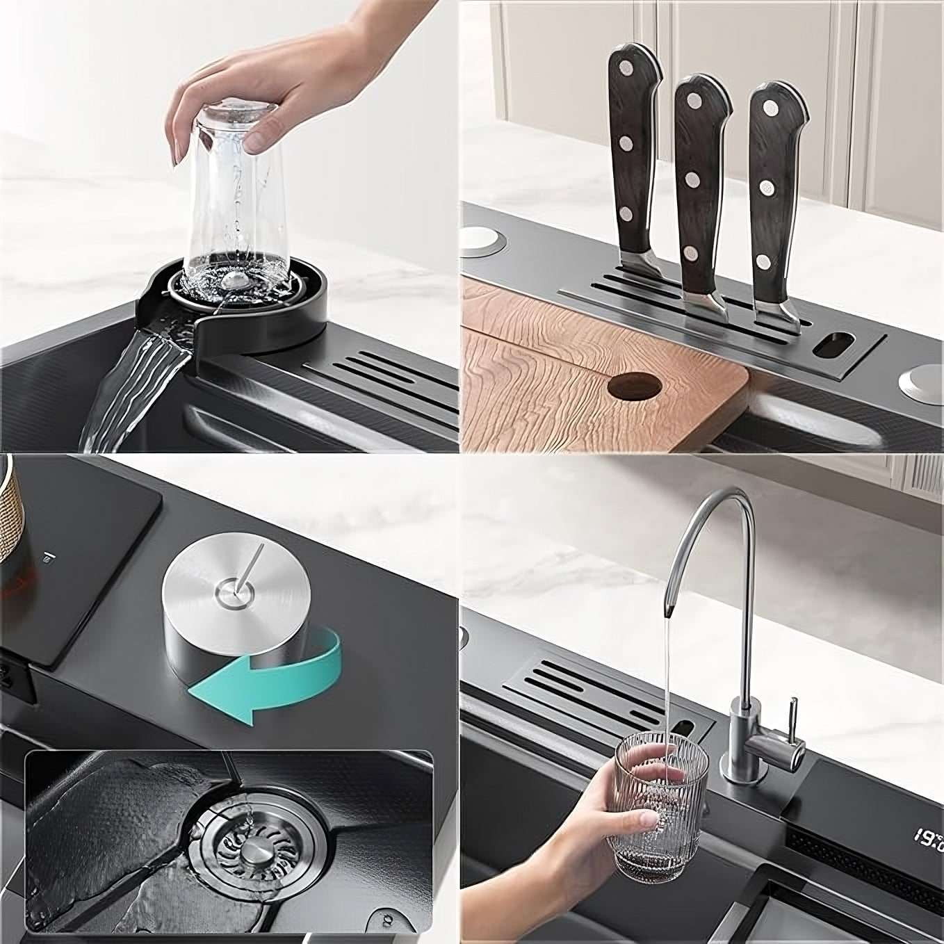 Chiuvetă Bucătărie Multifuncțională 7546HMSF – Gri Gun Metal, Cu Tocător, Dozator și Afișaj Digital