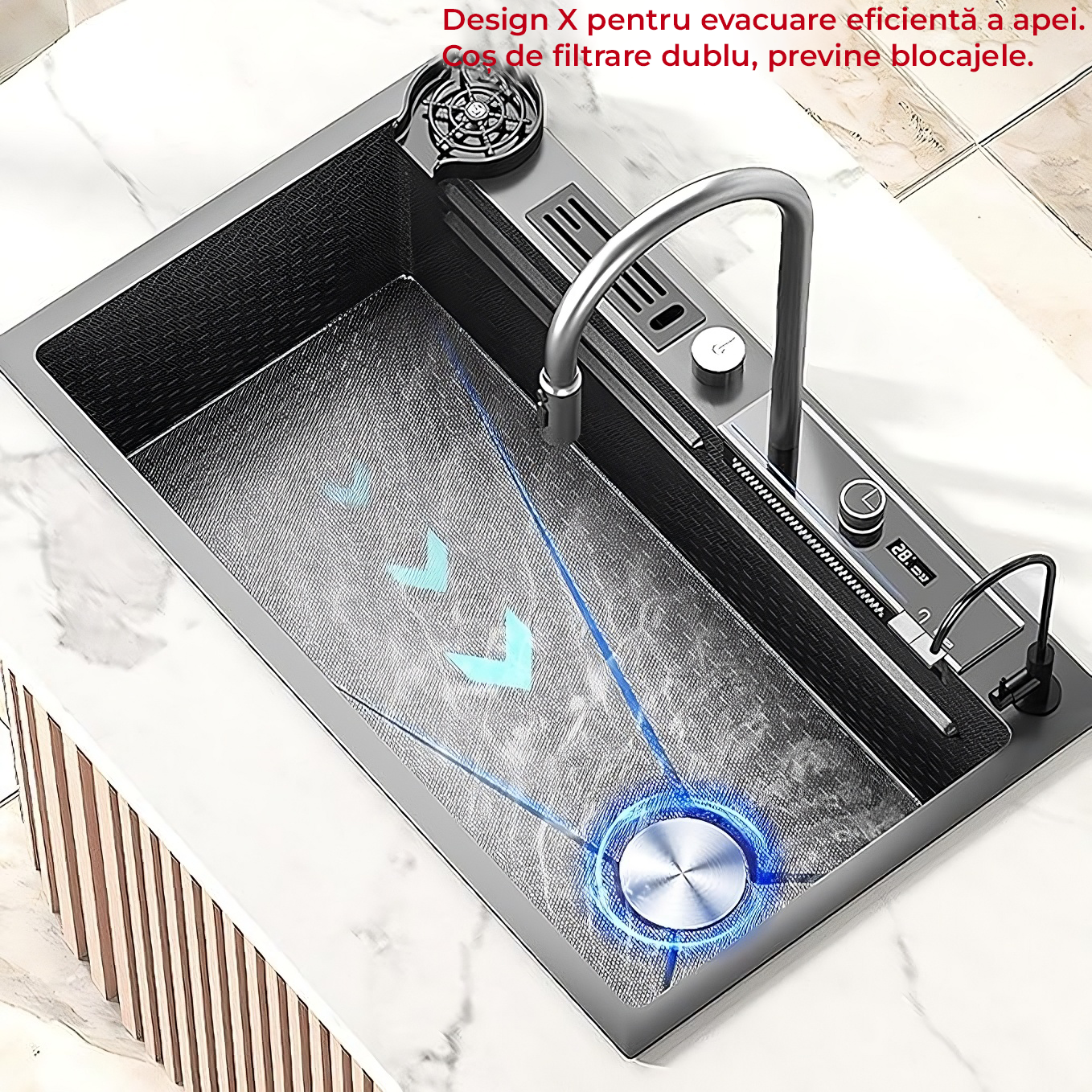 Chiuvetă Bucătărie Multifuncțională 7546HMSF – Gri Gun Metal, Cu Tocător, Dozator și Afișaj Digital