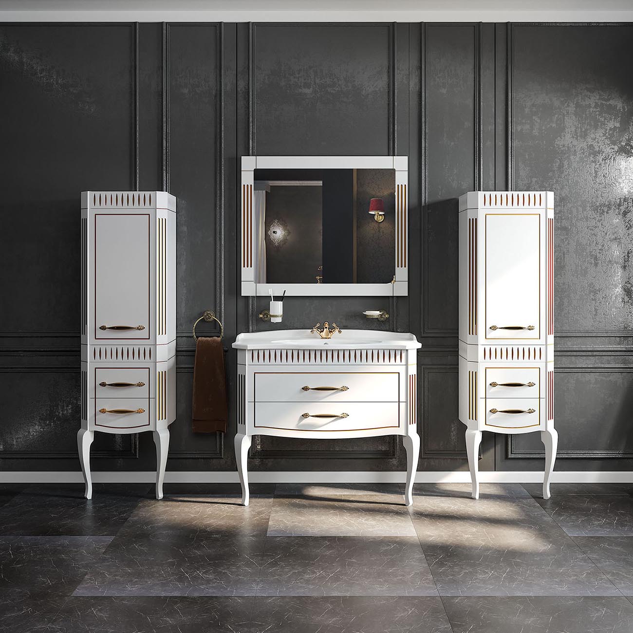 Mobilier de baie pe pardoseală Royal, Alb+auriu