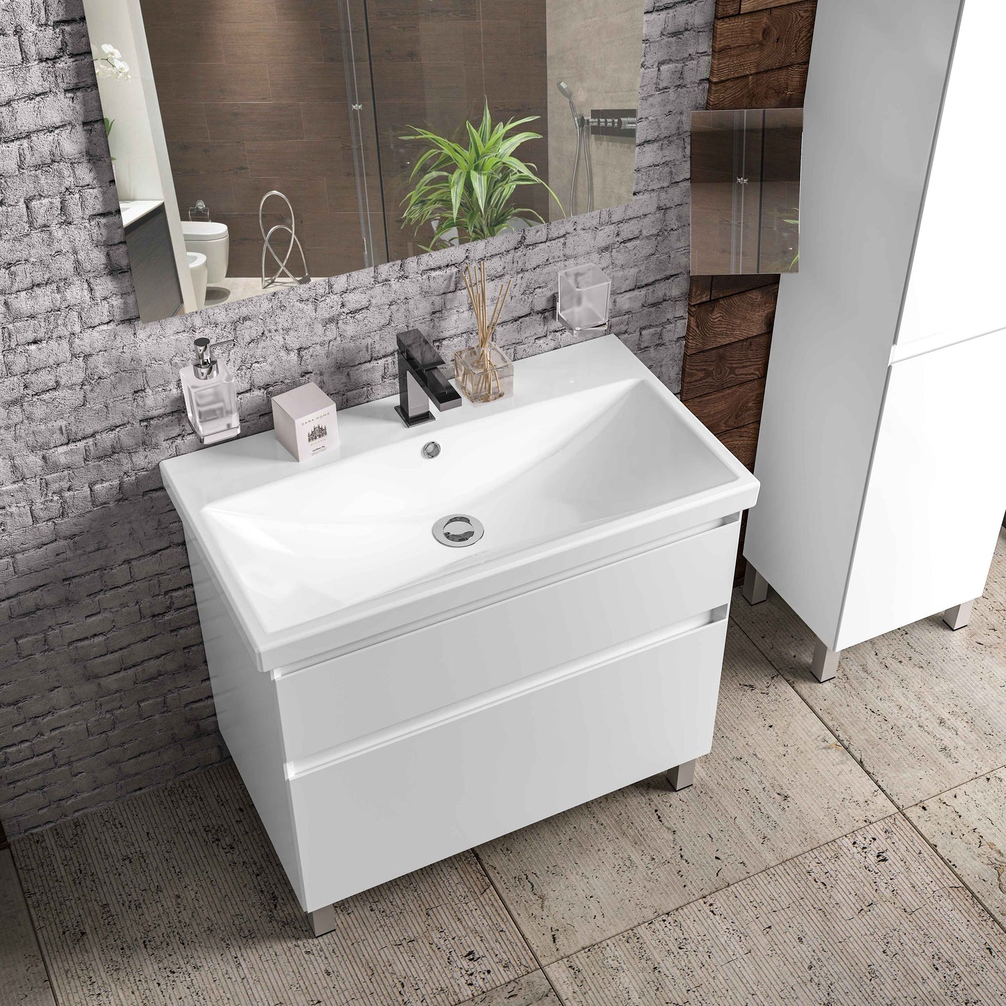 Mobilier de baie pe pardoseala Elite, Alb Mat