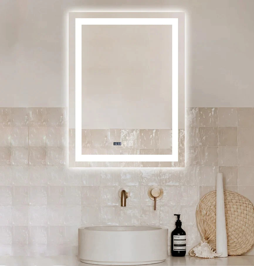 Oglinda LED Dreptunghiulara cu Ceas 80x60cm ,Trei Lumini J109