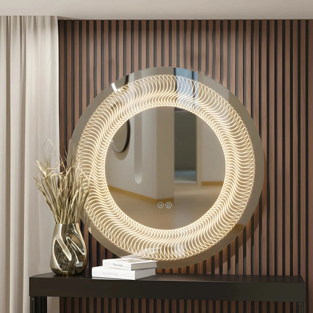 Oglindă LED H-2068 rotundă – 3 nuanțe de lumină, anti-aburire, design modern