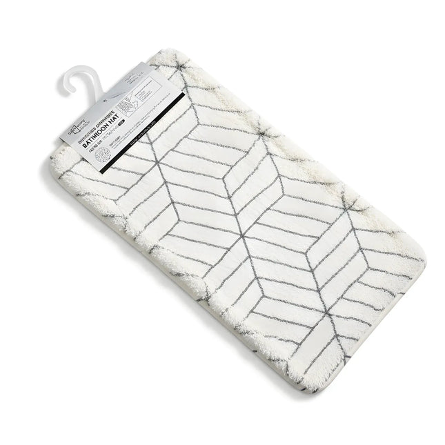 Covoras baie, SANITARY, imitatie casmir, 40x60 cm, alb cu model geometric, Dreptunghiular