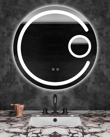 Oglindă baie LED ⌀70 cm rotundă cu lupă cosmetică, 3 nuanțe de lumină, dezaburire și touch control J-13