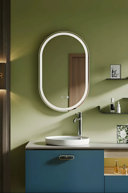 Oglindă baie LED H120 ovală cu 3 lumini, senzor IR și anti-aburire