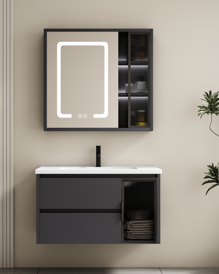 Set complet mobilier baie suspendat Aveline cu lavoar și dulap cu oglindă LED – alb