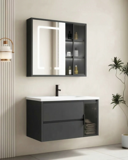 Set complet mobilier baie suspendat Aveline cu lavoar și dulap cu oglindă LED – alb