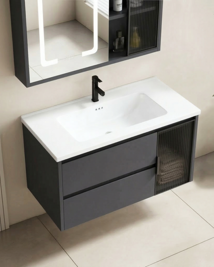 Set complet mobilier baie suspendat Aveline cu lavoar și dulap cu oglindă LED – gri
