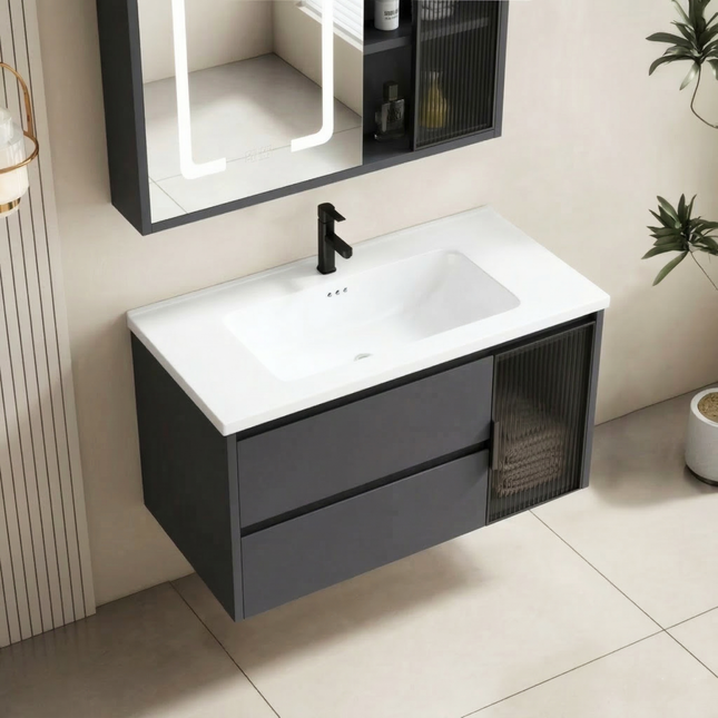 Set complet mobilier baie suspendat Aveline cu lavoar și dulap cu oglindă LED – gri