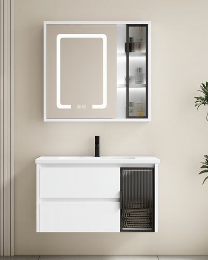 Set complet mobilier baie suspendat Aveline cu lavoar și dulap cu oglindă LED – alb