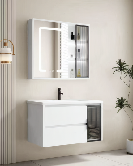 Set complet mobilier baie suspendat Aveline cu lavoar și dulap cu oglindă LED – gri