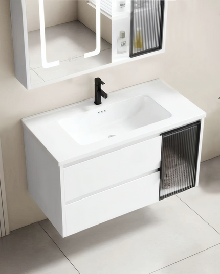 Set complet mobilier baie suspendat Aveline cu lavoar și dulap cu oglindă LED – alb