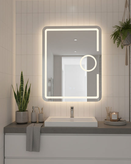 Oglindă baie LED H-1041 dreptunghiulară cu lupă cosmetică, 3 funcții lumină și anti-aburire