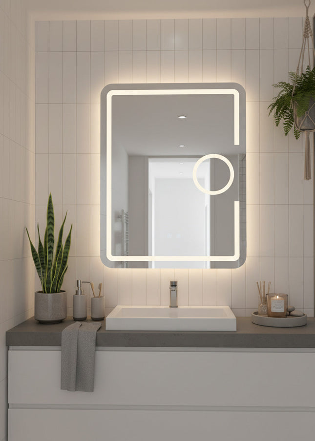 Oglindă baie LED H-1041 dreptunghiulară cu lupă cosmetică, 3 funcții lumină și anti-aburire