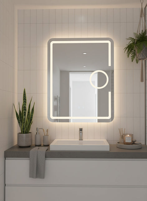 Oglindă baie LED H-1041 dreptunghiulară cu lupă cosmetică, 3 funcții lumină și anti-aburire