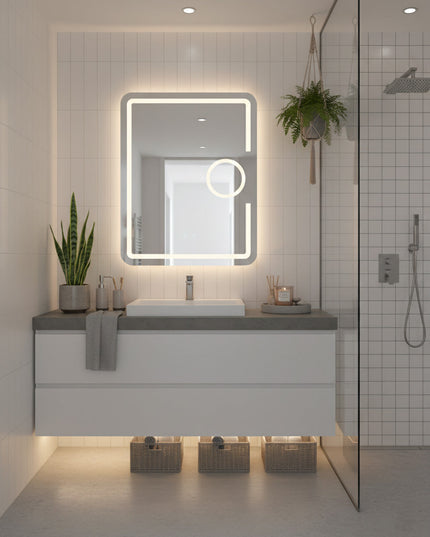 Oglindă baie LED H-1041 dreptunghiulară cu lupă cosmetică, 3 funcții lumină și anti-aburire