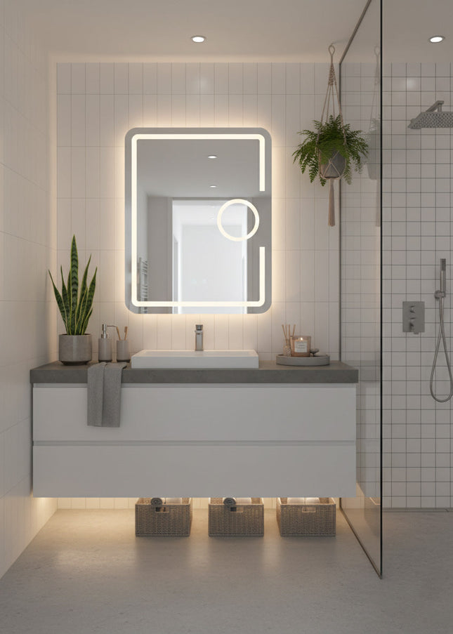 Oglindă baie LED H-1041 dreptunghiulară cu lupă cosmetică, 3 funcții lumină și anti-aburire