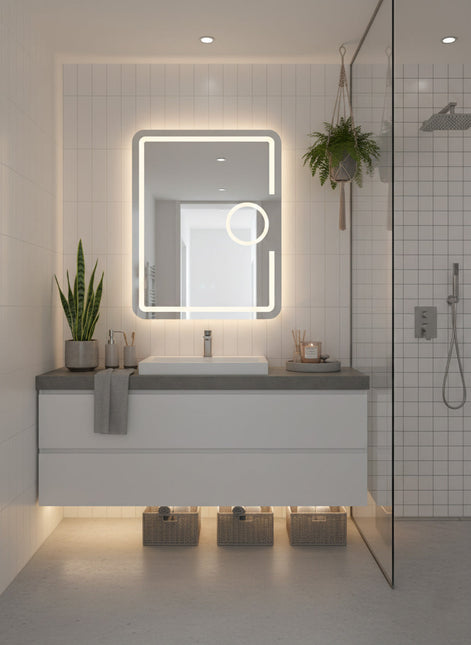 Oglindă baie LED H-1041 dreptunghiulară cu lupă cosmetică, 3 funcții lumină și anti-aburire