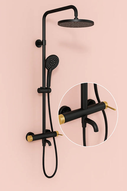 Set duș Royal Black & Gold – design modern cu cioc de cadă și comenzi texturate