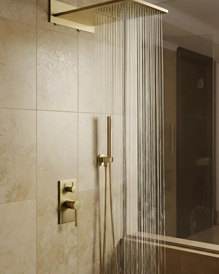 Set duș încastrat 2 funcții – finisaj auriu periat, design modern din alamă solidă