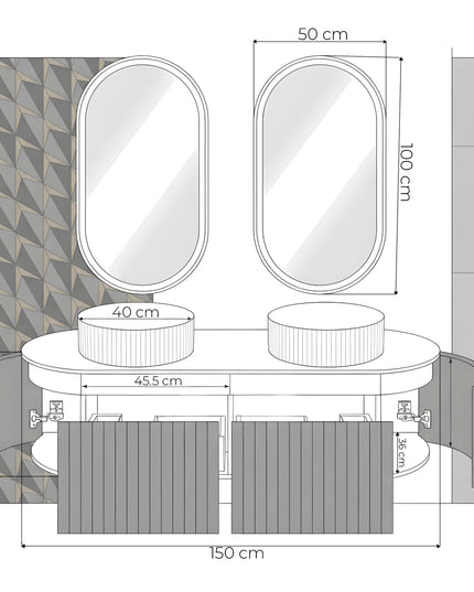 Set Mobilier baie suspendat dublu cu lavoare și oglinzi LED – Design modern, 150 cm